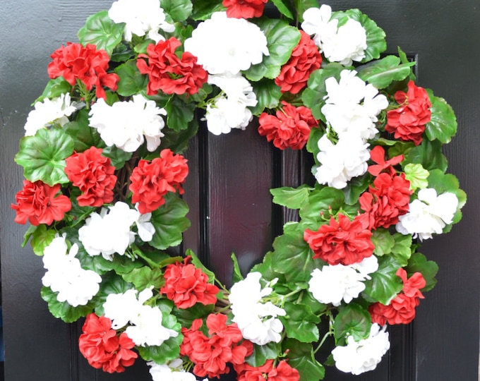 Summer Geranium Wreath, Geranium Summer Wreath, Outdoor Summer Front Door Wreath, Etsy Wreath, Red White or Pink Geranium Wreath 22 inch