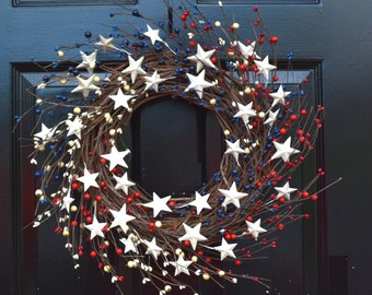 Summer Wreath, Berry Wreath, Patriotic Wreath with Stars, Americana Wreath, Memorial Day Wreath, Rustic Berry Wreath, Red White and Blue