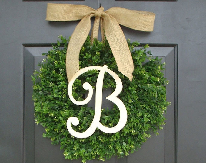 Faux Boxwood Wreath, Monogram Spring Wreath, Outdoor Door Hanging, Fall Wreaths, Spring Decor, Boxwood with Burlap Bow