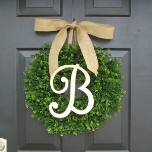 Faux Boxwood Wreath, Monogram Spring Wreath, Outdoor Door Hanging, Fall Wreaths, Spring Decor, Boxwood with Burlap Bow image 1