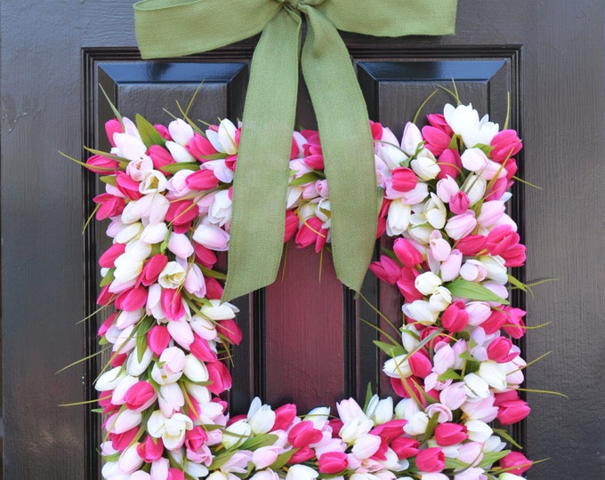 Pink Tulip Square Spring Wreath- Door Wreath- Easter Wreath- Tulip Wreath- 20 inch shown, custom colors- The Original Tulip Wreath