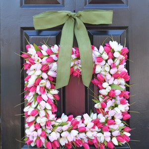 Pink Tulip Square Spring Wreath- Door Wreath- Easter Wreath- Tulip Wreath- 20 inch shown, custom colors- The Original Tulip Wreath