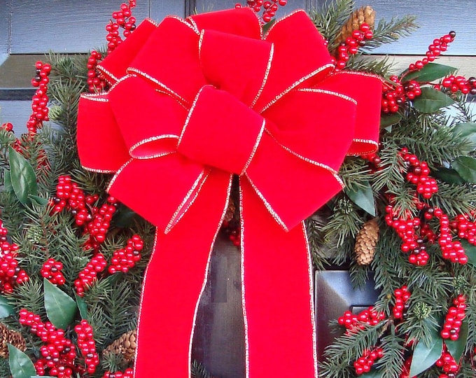 Handmade Wired Red Velvet Outdoor Christmas Bow, Christmas Decoration Decor, Christmas Wreath Bow, XL Outdoor Bow, Waterproof, Weatherproof