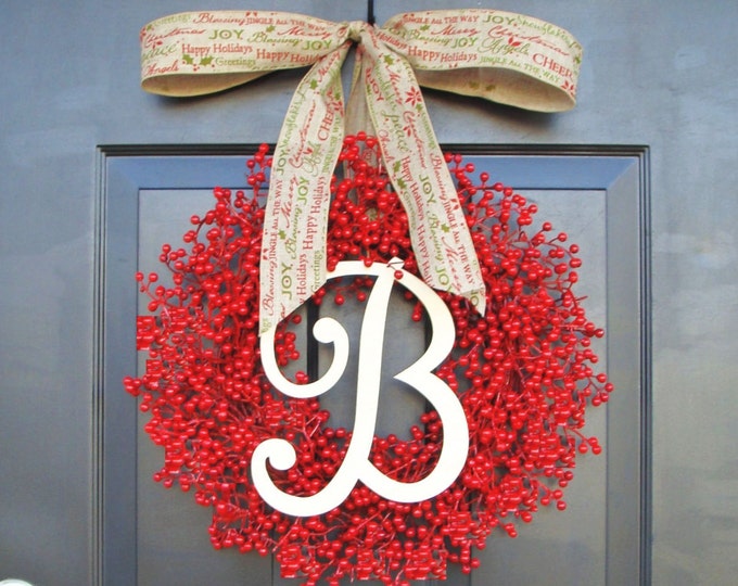 Monogram Red Berry Wreath- Fall Wreath- Christmas Wreath- Holiday Wreath- Monogram Wreath