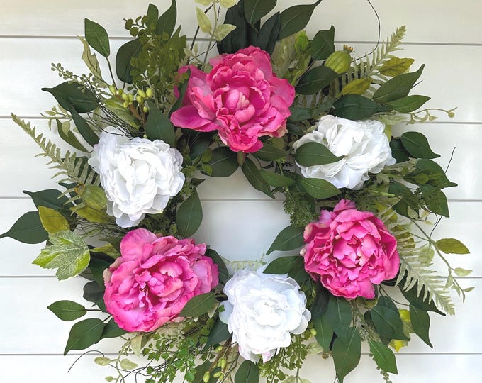 Pink and White Peony Summer Wreath, XL Front Door Peony Wreath for Spring, Year Round Farmhouse Decor, Summer Wedding Decoration