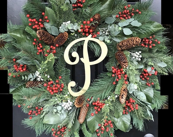 Pine Berry Magnolia Christmas Wreath: 24" Farmhouse Holiday Front Door Decor