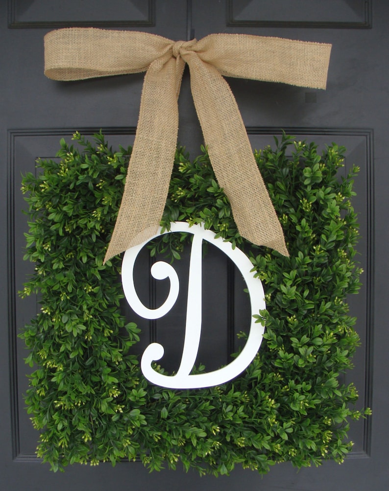 Boxwood Monogram Wreath with Burlap Bow Housewarming Gift Wedding Wreath 16-22 INCH Wreath available Monogram Boxwood Wreath