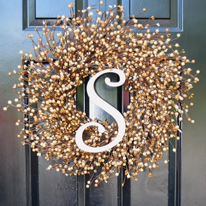 Monogram Wreath- Fall Wreath- Wreaths- Caramel Cream Berries- Indoor Wreath- Autumn Decoration- Fall Decor- Autumn Wreaths- Year Round