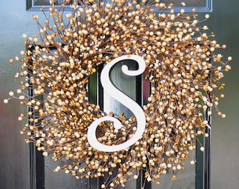 Monogram Wreath- Fall Wreath- Wreaths- Caramel Cream Berries- Indoor Wreath- Autumn Decoration- Fall Decor- Autumn Wreaths- Year Round