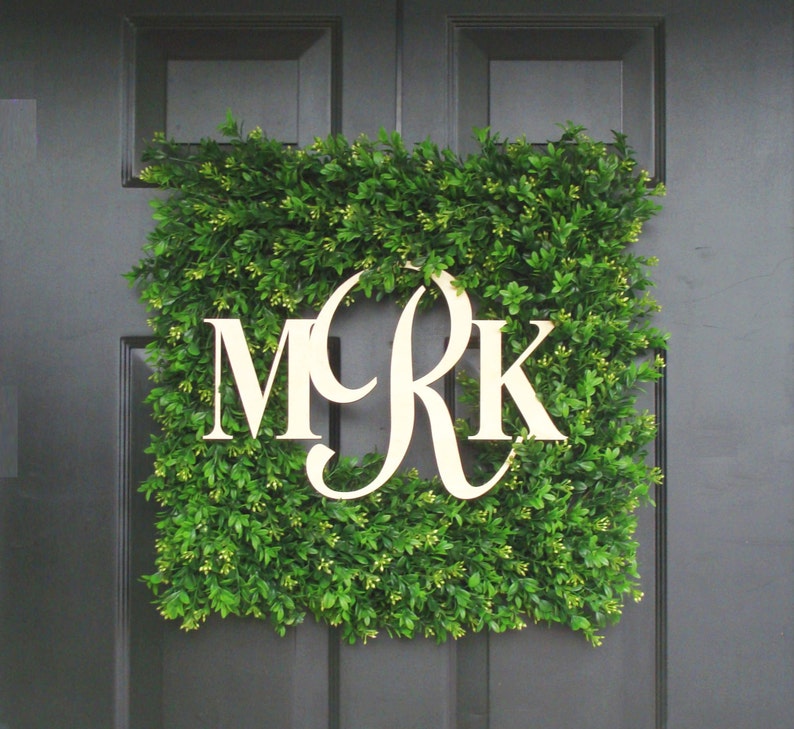 Square Monogram Boxwood Wreath, Boxwood Monogram Wreath, Outdoor Spring Wreath, Housewarming Gift, Wedding Wreath 22 INCH shown image 2