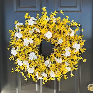 XL Yellow Forsythia Spring Wreath: Outdoor Spring Floral, Front Door Decor 20 inch