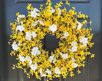XL Yellow Forsythia Spring Wreath: Outdoor Spring Floral, Front Door Decor