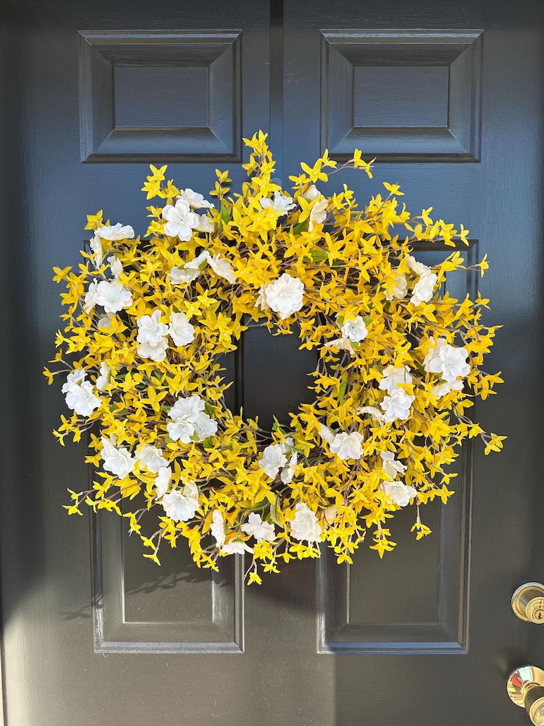 XL Yellow Forsythia Spring Wreath: Outdoor Spring Floral, Front Door Decor 20 inch