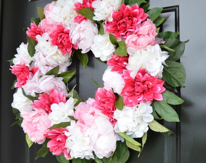 Hydrangea Dahlia Peony Summer Wreath, Pink Floral Farmhouse Spring Summer Wreath for Front Door, Elegant Farmhouse Peony Hydrangea Wreaths