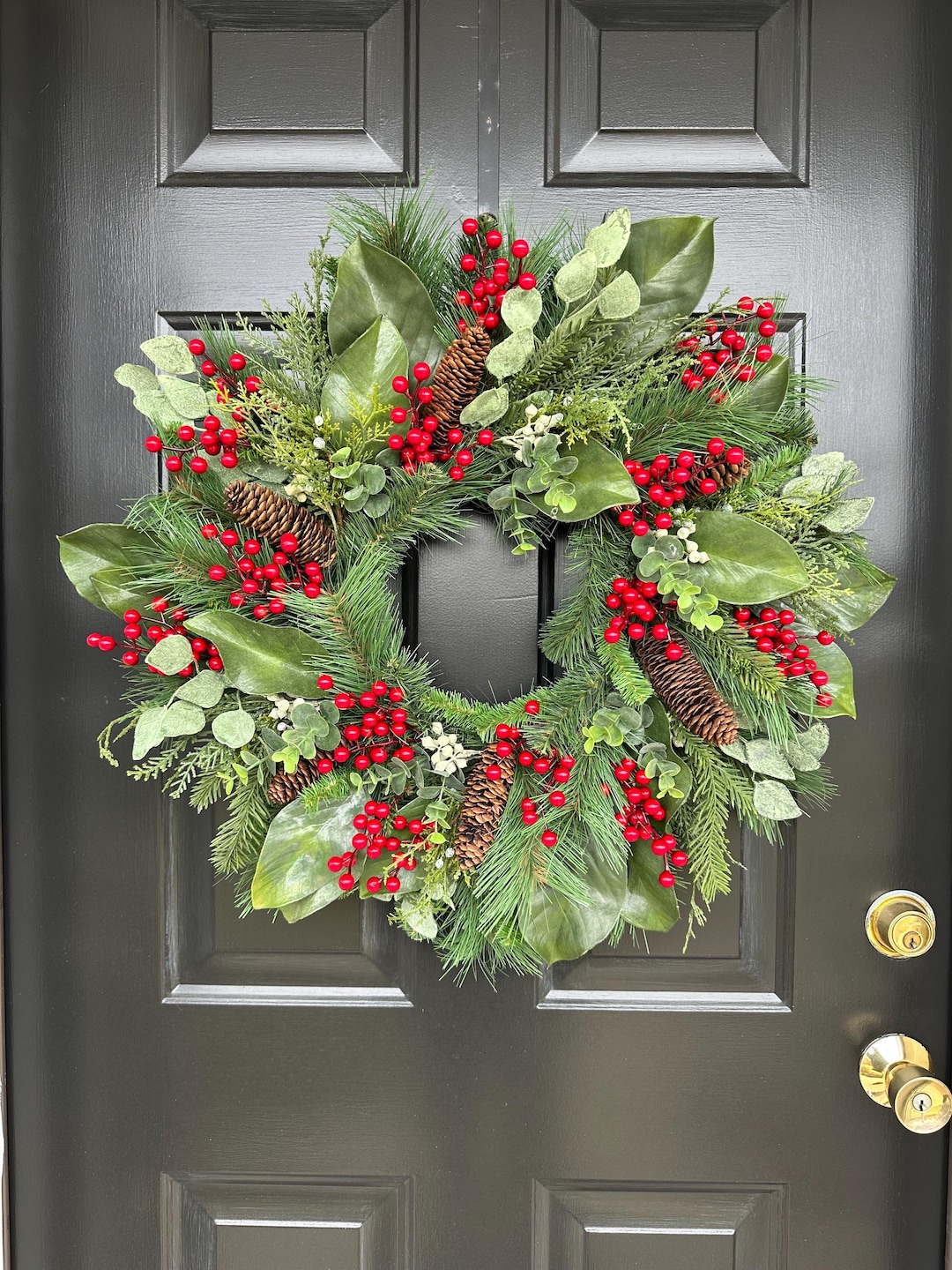 Red Berry Magnolia and Pine Christmas Wreath: 24 or 28 Inch With Custom ...