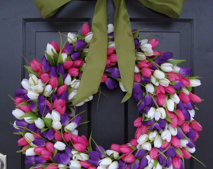 Original Tulip Spring Wreath with Ribbon, Spring Wreath, Door Wreath, Spring Decor,  24 inch Easter Wreath, Spring Decoration