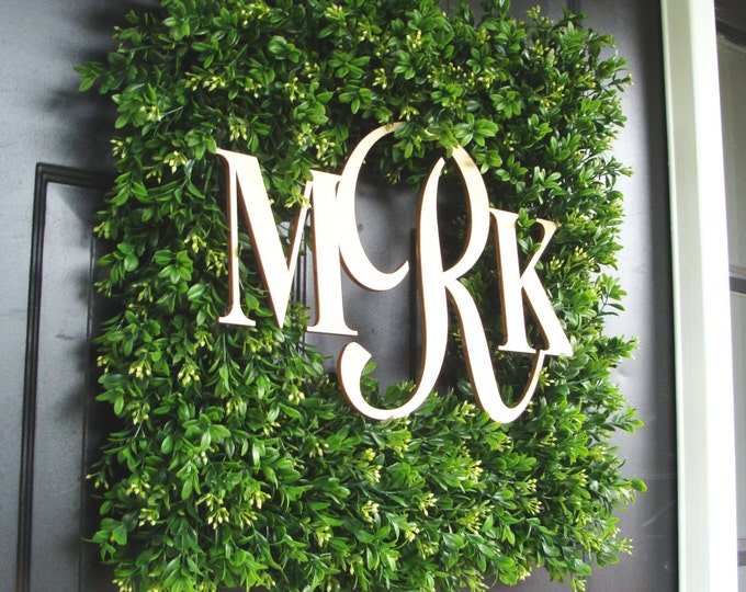 Square Monogram Boxwood Wreath, Boxwood Monogram Wreath, Outdoor Spring Wreath, Housewarming Gift, Wedding Wreath 22 INCH shown