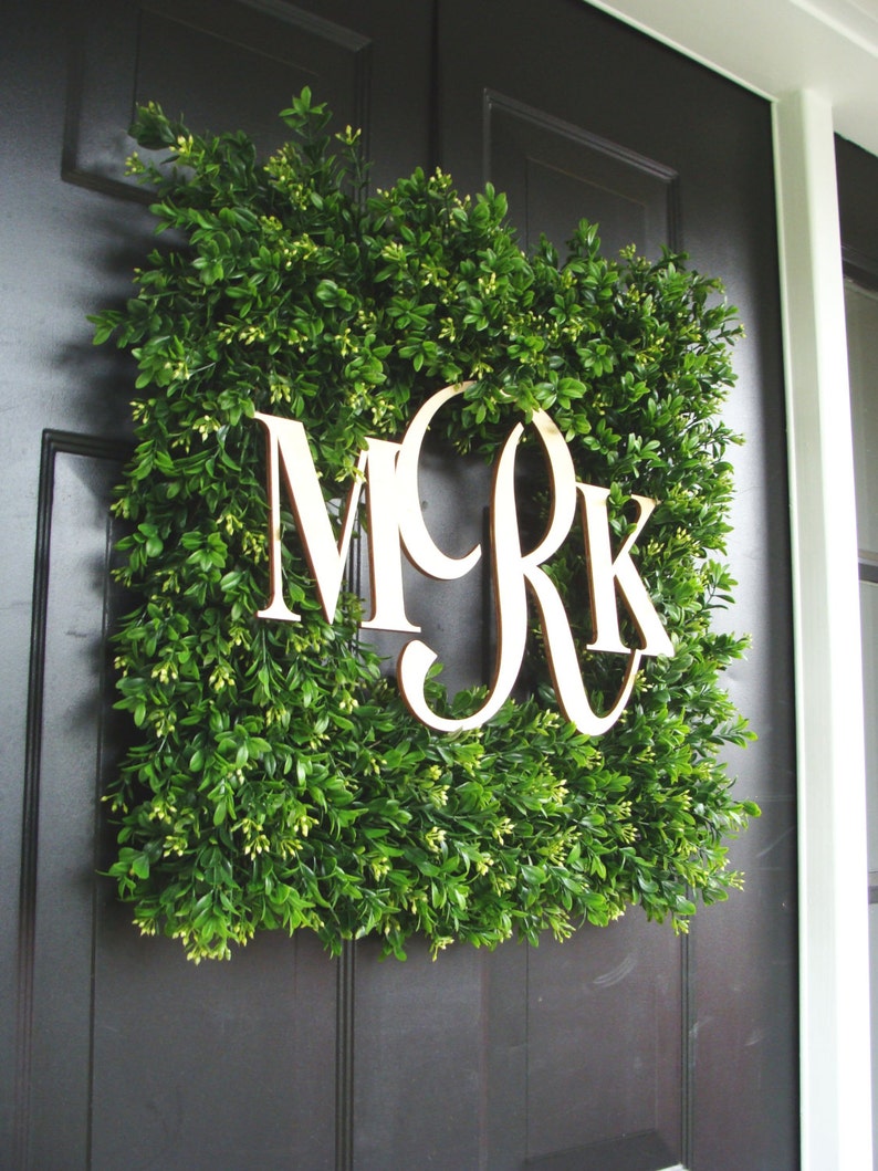 Square Monogram Boxwood Wreath, Boxwood Monogram Wreath, Outdoor Spring Wreath, Housewarming Gift, Wedding Wreath 22 INCH shown image 1