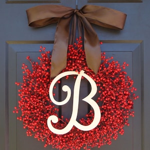 Weatherproof FALL Wreath- Berry Wreaths- Monogram Red Christmas Wreath- Valentine&#39;s Day Wreath- Valentine&#39;s Decor- Monogram Wreath
