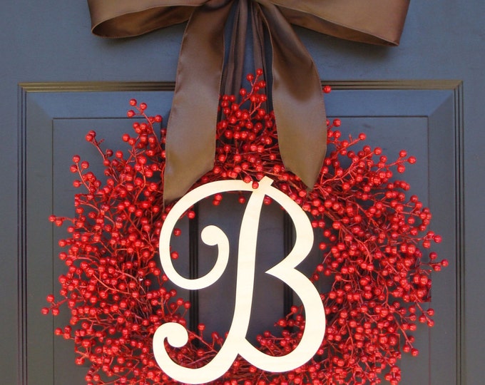 Weatherproof FALL Wreath- Berry Wreaths- Monogram Red Christmas Wreath- Valentine's Day Wreath- Valentine's Decor- Monogram Wreath