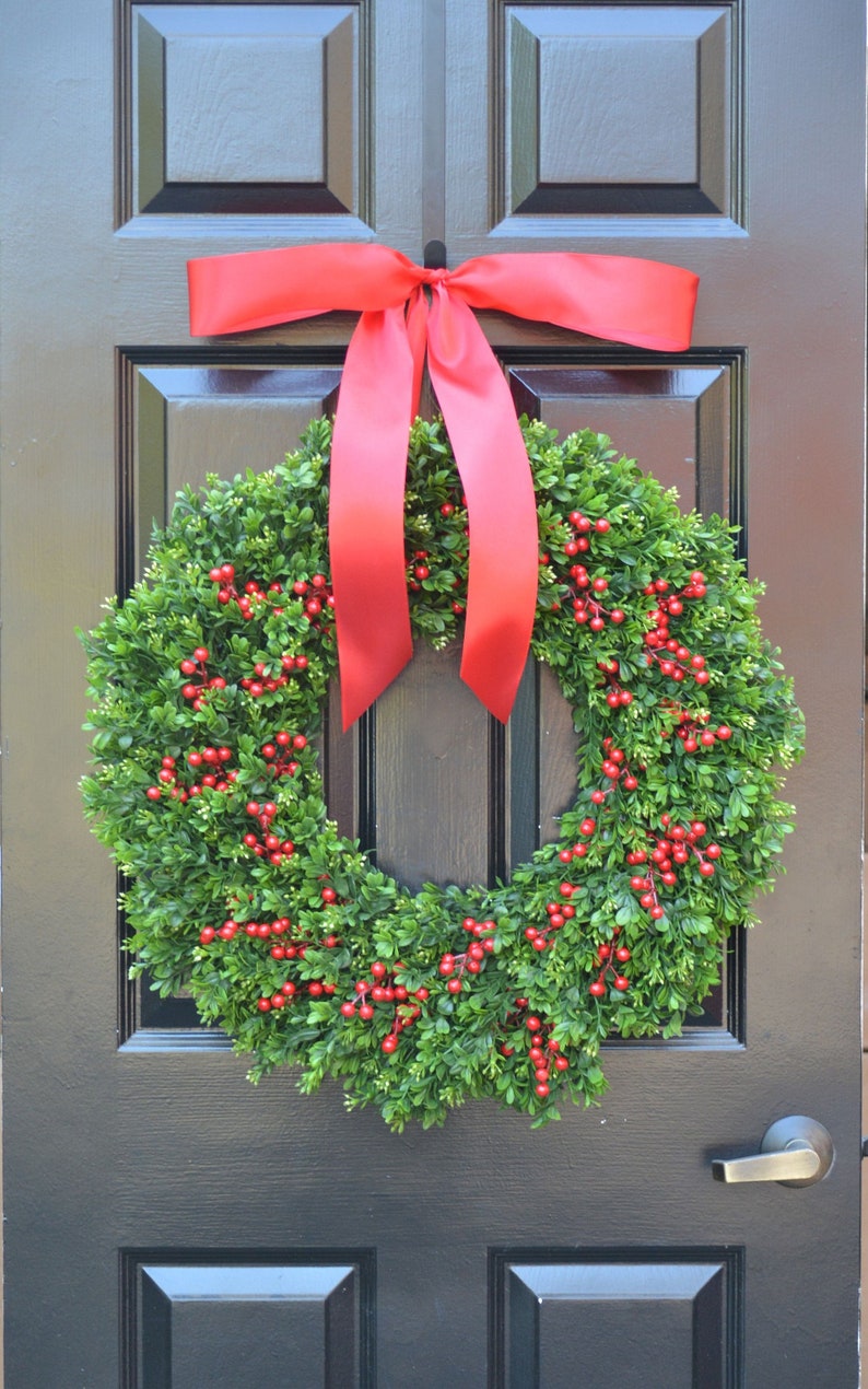 Farmhouse Christmas Wreath Front Door Outdoor Boxwood Red Berries Holiday Wreath Winter Farmhouse decor Storm Door Wreath Decor image 4