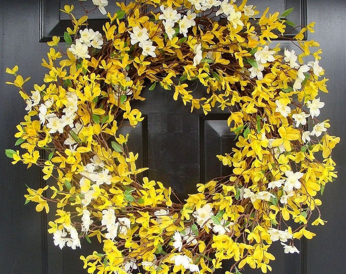 Cherry Blossom and Forsythia Spring Wreath- Yellow Forsythia Wreath with White Cherry Blossom- Spring Decor- Front Door Summer Wreath