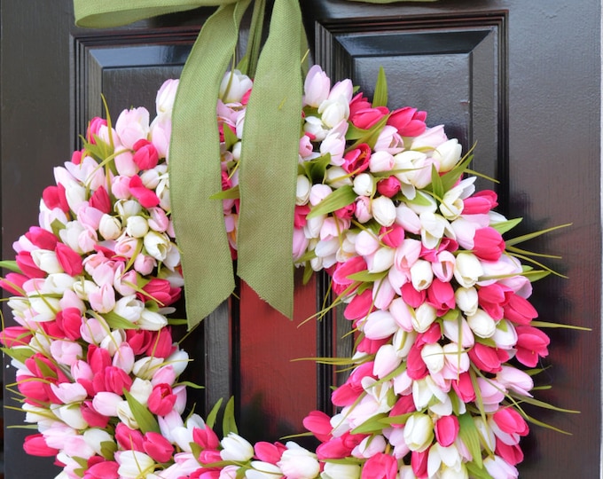 Custom Spring Wreath- Pink Tulip Wreath- Mother's Day Wreath- Valentine's Day Wreath