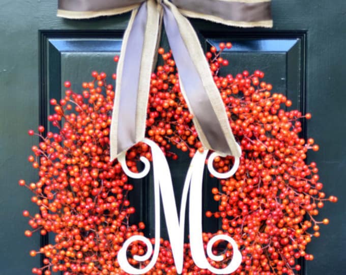 Orange Berry Wreath- Double Bow- Monogram Wreaths- Weatherproof Berries- Halloween Decoration- Autumn Decor- Fall Wreath- Orange Berries