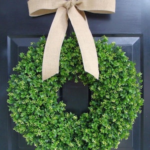 Faux Boxwood Wreath- Artificial Boxwood Wreaths for Door- Year Round Wreath Burlap Bow- Wedding Decor Boxwood Door