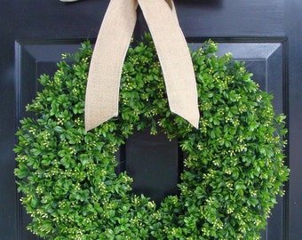 Faux Boxwood Wreath- Artificial Boxwood Wreaths for Door- Year Round Wreath Burlap Bow- Wedding Decor Boxwood Door