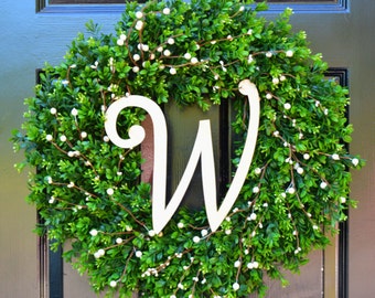 Year Round Wreath, Boxwood Wreath, All Seasons Decor, Wedding Decor, Berry Door Wreath, Fall Wreath, Winter Wreath, Cream Berries, Monogram