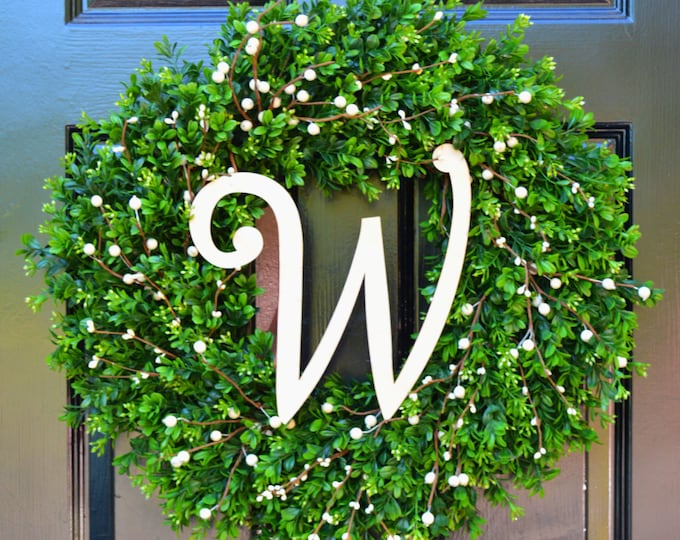 Year Round Wreath, Boxwood Wreath, All Seasons Decor, Wedding Decor, Berry Door Wreath, Fall Wreath, Winter Wreath, Cream Berries, Monogram