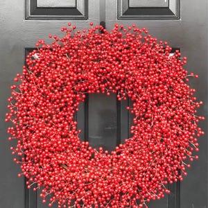 Weatherproof Full Red Berry Christmas Wreath: All Weather Outdoor Holiday Decor image 1