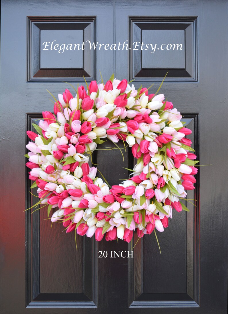 Spring Wreath Pink Mini Tulip Spring Wreath Front Door Wreath for Spring image 4