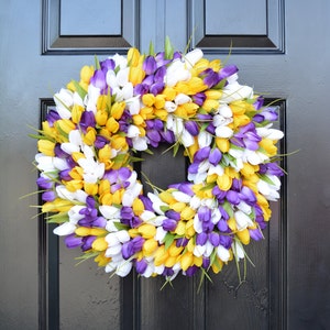 BESTSELLER Corona de primavera Corona de primavera de tulipán Corona de verano Corona de puerta principal personalizada Decoración de primavera Decoración de Pascua Colores personalizados purple/yellow/white