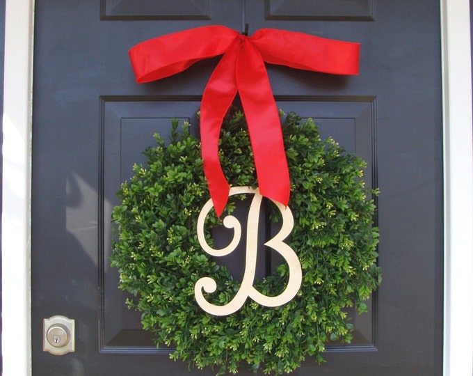 Monogram Boxwood Christmas Wreath-  Personalized Holiday Wreath with Burlap Bow, Housewarming Gift, Wedding Wreath 18 INCH