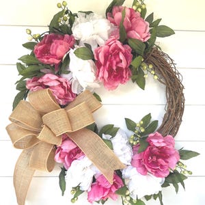 Pink Peony Farmhouse Wreath, Outdoor Summer Wreath,  Spring Summer Peony Wreath for Front Door Decor