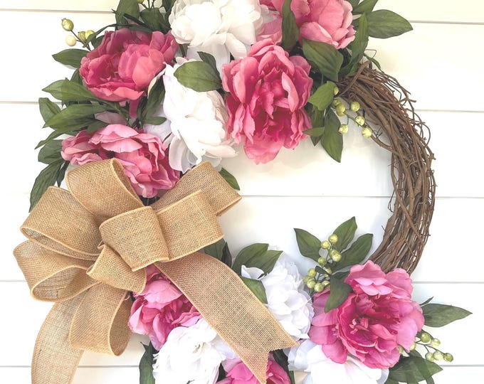 Pink Peony Farmhouse Wreath for Summer,  Spring Summer Farmhouse Wreath Decor