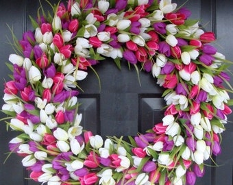 SUMMER WREATH SALE Spring Wreath- Door Wreath- Spring Decor- Tulip Wreath-Outdoor Spring Wreath- Easter Decoration Front Door Wreath- Weddin