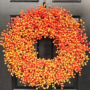 BESTSELLING Weatherproof Berry Monogram Fall Wreath- Outdoor Pumpkin Orange Fall Wreath-Autumn Berry Wreath- Fall Wedding Decor-WEATHERPROOF