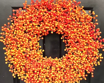 BESTSELLING Weatherproof Berry Monogram Fall Wreath- Outdoor Pumpkin Orange Fall Wreath-Autumn Berry Wreath- Fall Wedding Decor-WEATHERPROOF