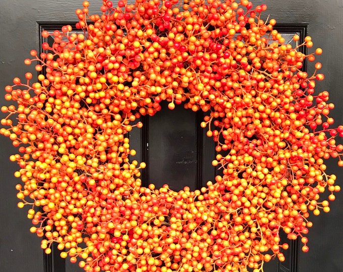 BESTSELLING Weatherproof Berry Monogram Fall Wreath- Outdoor Pumpkin Orange Fall Wreath-Autumn Berry Wreath- Fall Wedding Decor-WEATHERPROOF
