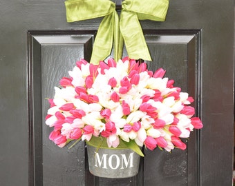 MOM Monogram Spring Tulip Mother's Day Gift- Tulip Door Bucket Wreath Alternative- Tulip Spring Wreath- Gift for Mom- Mothers Day Gift-