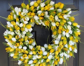 SUMMER WREATH SALE Spring Wreath- Tulip Spring Wreath- Summer Wreath- Spring Sunshine- Spring Yellow Tulips Decoration- Easter Wreath Spring
