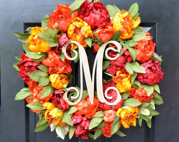 Monogram Peony Fall Wreath, Fall Colors Monogram Wreath for Front Door, Autumn Fall Decor, Fall Colors, Designer Wreath, Fall Wedding Wreath
