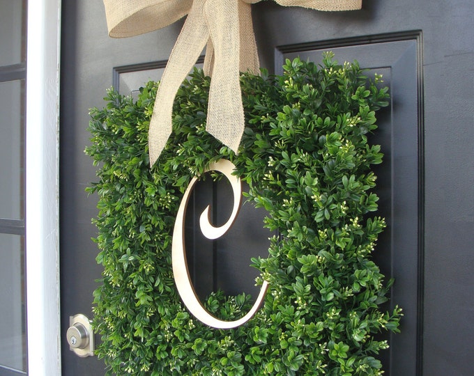 Monogram Boxwood Wreath, Boxwood Monogram Wreath with Burlap Bow, Housewarming Gift, Wedding Wreath 16-24 INCH Wreath available
