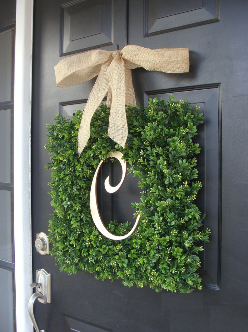 Boxwood Monogram Wreath with Burlap Bow Housewarming Gift Wedding Wreath 16-22 INCH Wreath available Monogram Boxwood Wreath