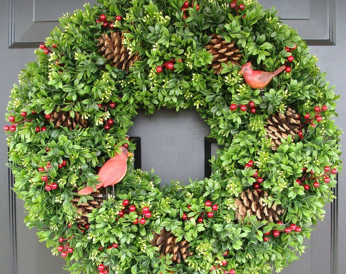 Christmas Faux Boxwood Wreath with Red Cardinals- Holiday Wreath Door Decor- Winter Wreath- Pinecone and Berry Boxwood Christmas Wreath