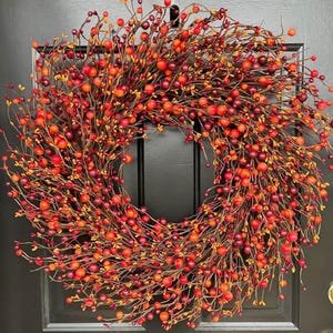 May include: A circular wreath constructed from thin brown twigs and branches, densely covered in a multitude of small, round berries in various shades of red, orange, and deep burgundy, creating a textured, multi-layered appearance.