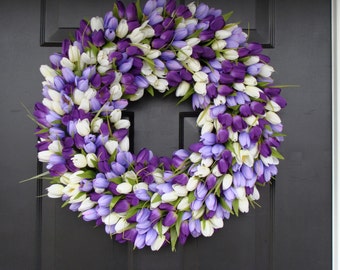 Ghirlanda primaverile- Regalo per la festa della mamma- Ghirlanda per porta- L'originale ghirlanda di tulipani primaverili- 18 pollici, colori personalizzati